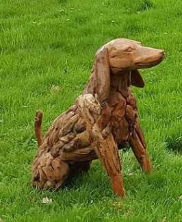 driftwood dog seating on grass