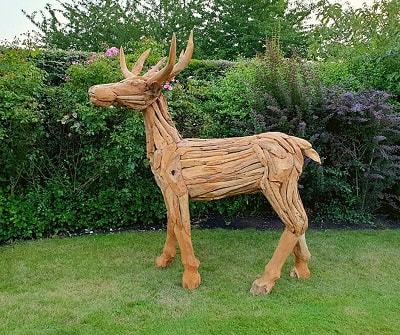 Driftwood stag in garden August 2021
