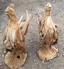 driftwood chickens made from teak roots