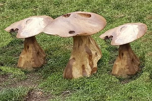 set of three large wooden mushrooms